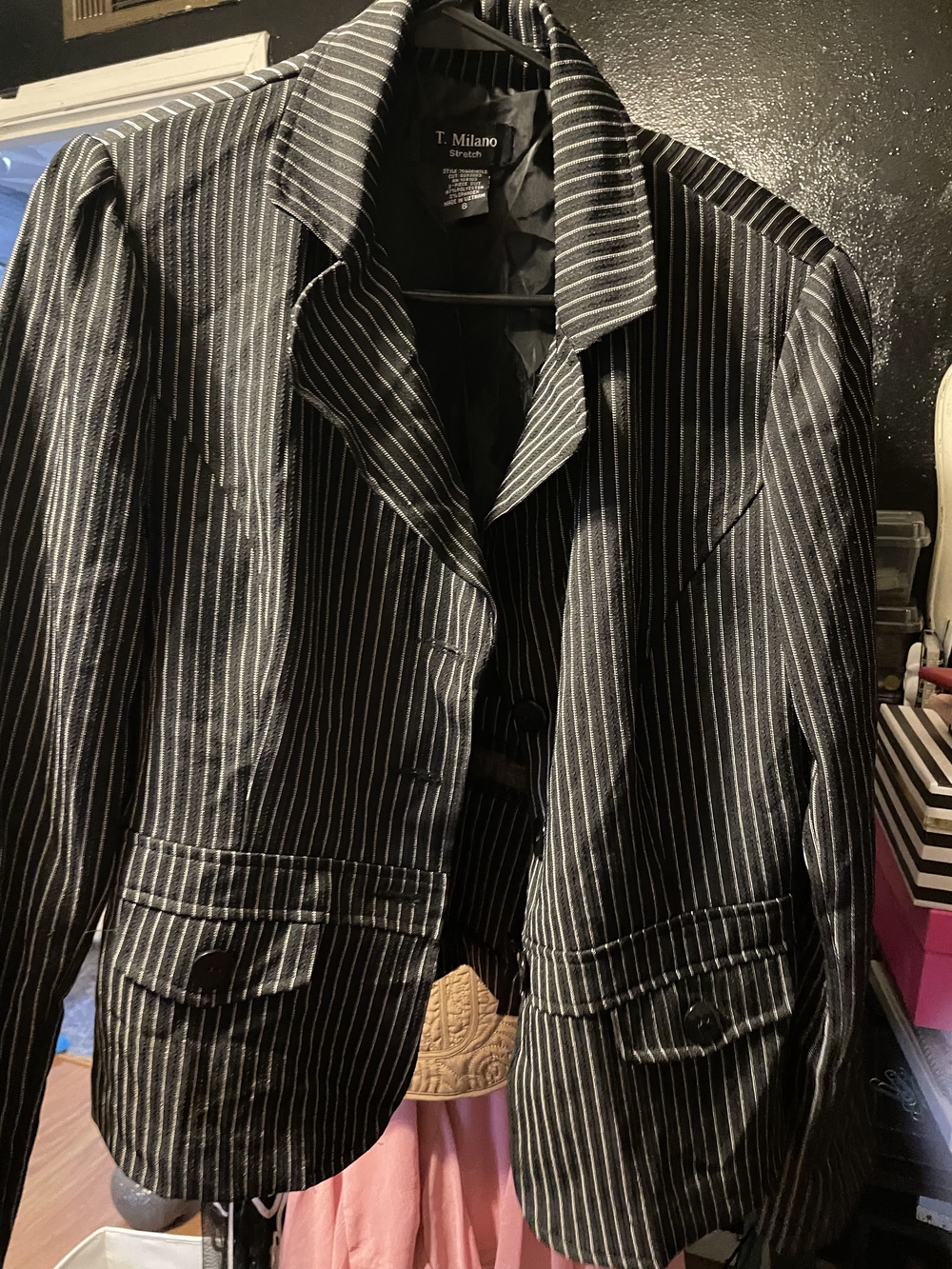 T. Milano Black Pinstripe Blazer with White Stripes